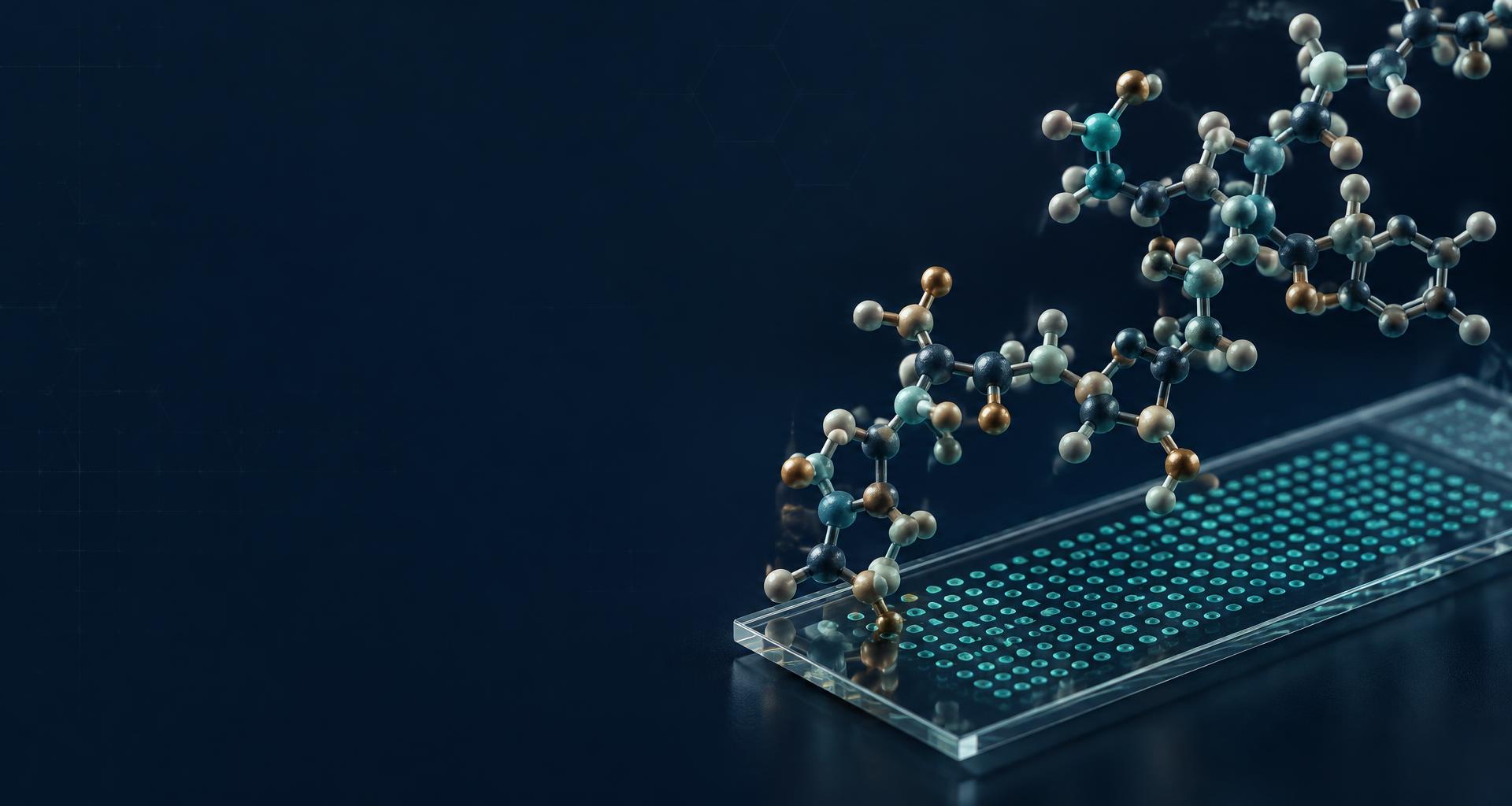 Scientific visualization of a molecular structure above a peptide microarray